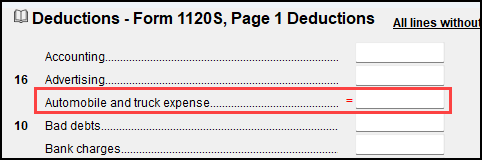 Image of "Automobile and truck expense" field on screen DED